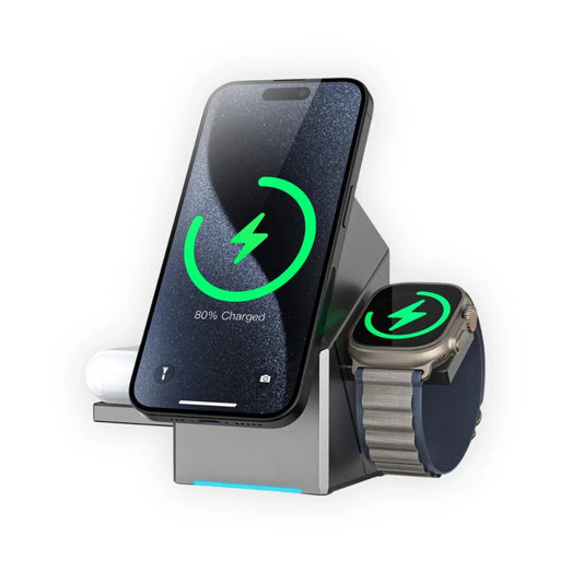 3-in-1 Wireless Charging Cube – 15W Fast Magnetic Charger with Auto-Rotation for iPhone, Apple Watch & AirPods