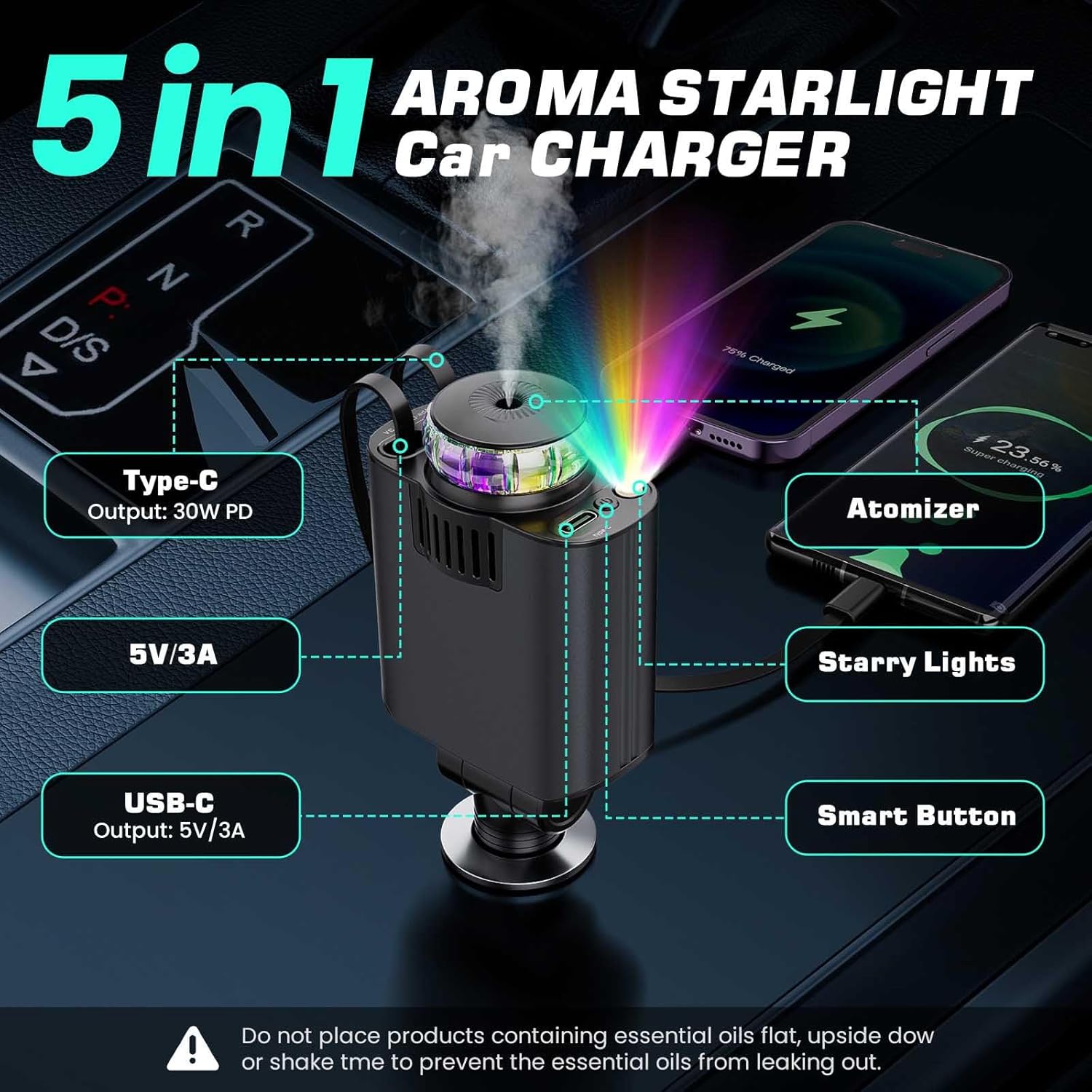 5-in-1 Retractable USB C Car Charger with Aromatherapy & Starlight – Fast Car Charging Adapter