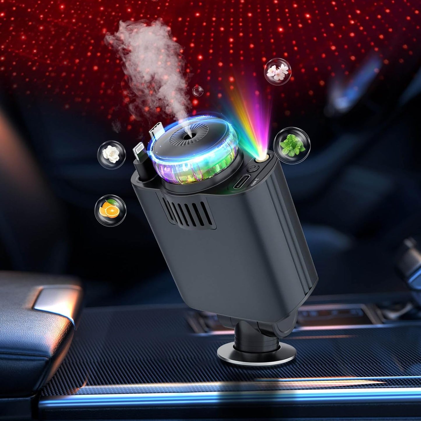 5-in-1 Retractable USB C Car Charger with Aromatherapy & Starlight – Fast Car Charging Adapter