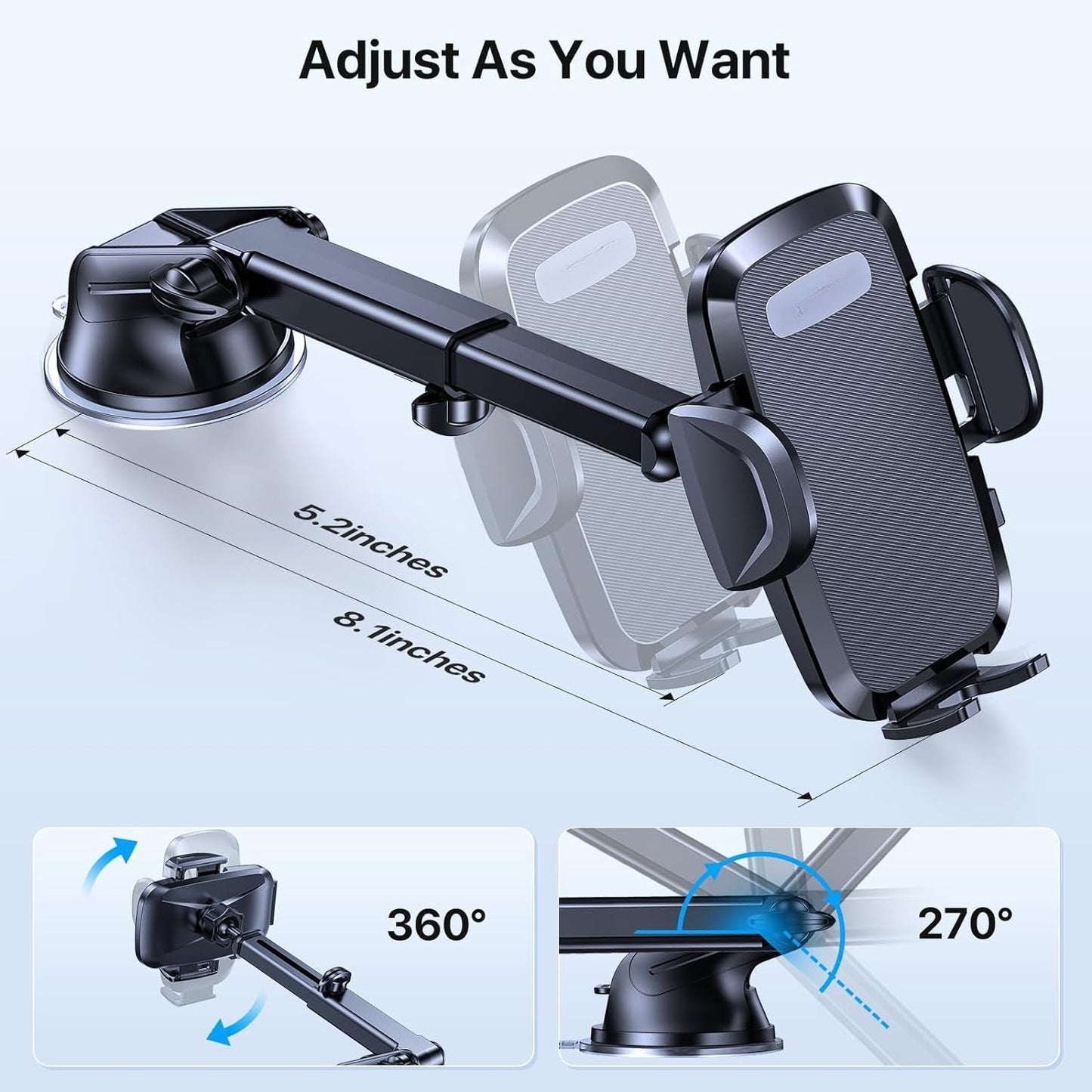 Premium Car Phone Holder, Long Arm Phone Holder Car for Dashboard Windshield Air Vent【Heat-Resistant Strong Suction Cup】Car Mobile Holder Compatible with All Smartphones