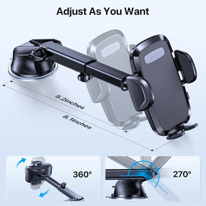 Premium Car Phone Holder, Long Arm Phone Holder Car for Dashboard Windshield Air Vent【Heat-Resistant Strong Suction Cup】Car Mobile Holder Compatible with All Smartphones