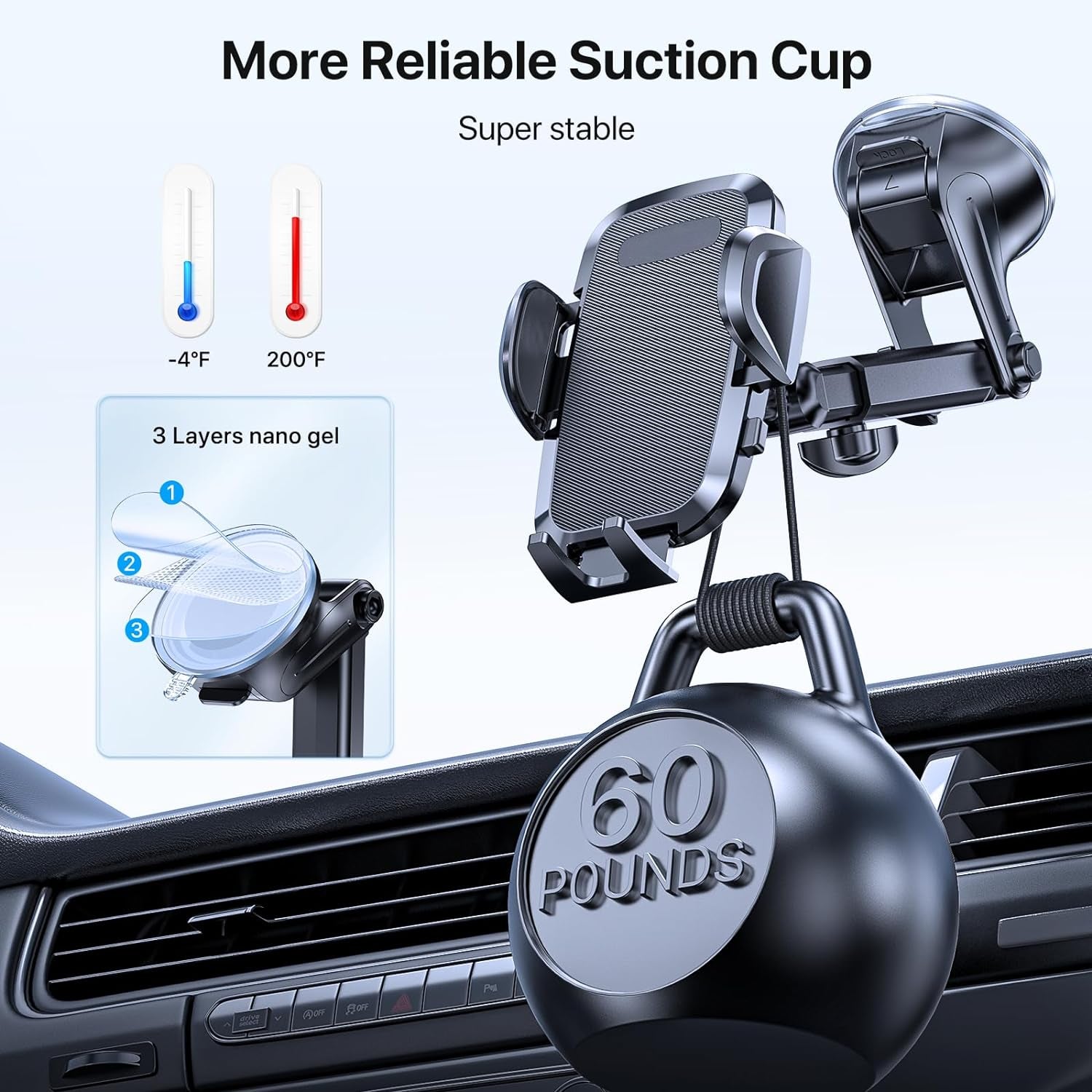 Premium Car Phone Holder, Long Arm Phone Holder Car for Dashboard Windshield Air Vent【Heat-Resistant Strong Suction Cup】Car Mobile Holder Compatible with All Smartphones