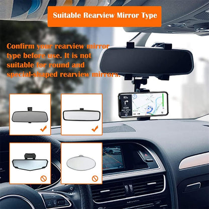 Rear View Mirror Car Mount Phone Holder Stand with 270° Swivel and Adjustable Clips