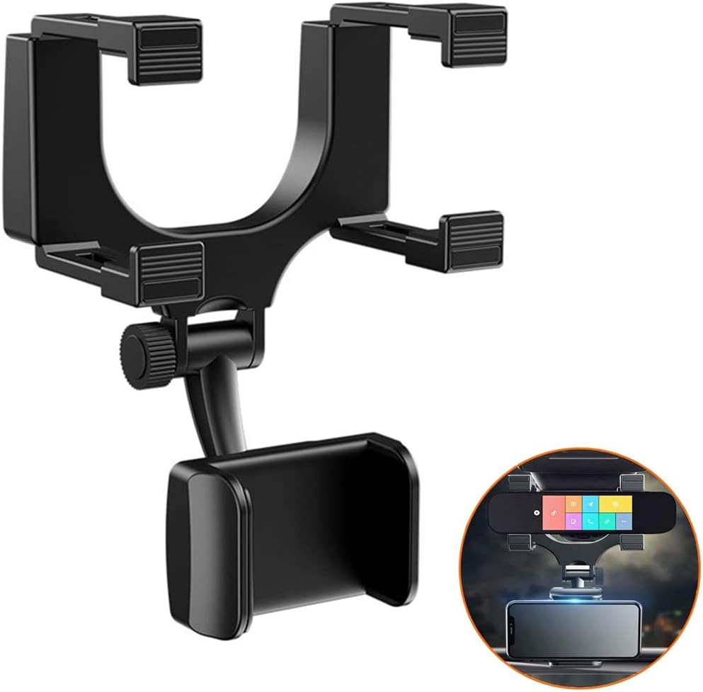 Rear View Mirror Car Mount Phone Holder Stand with 270° Swivel and Adjustable Clips